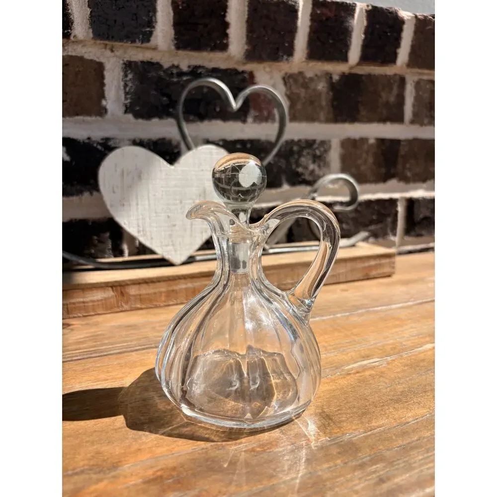 Vintage Clear Glass Cruet Decanter w Stopper Ribbed Fluted Oil Vinegar Pitcher